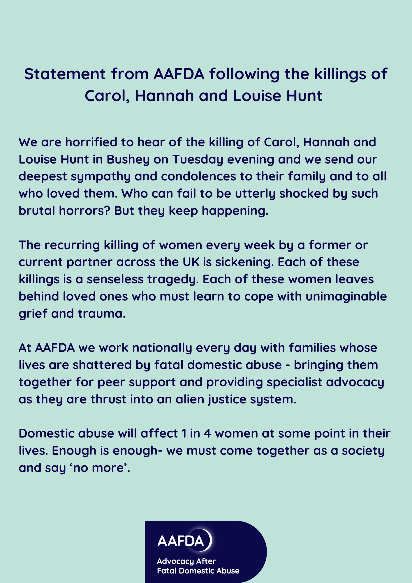 Statement from AAFDA following the killings of Carol, Hannah & Louise ...